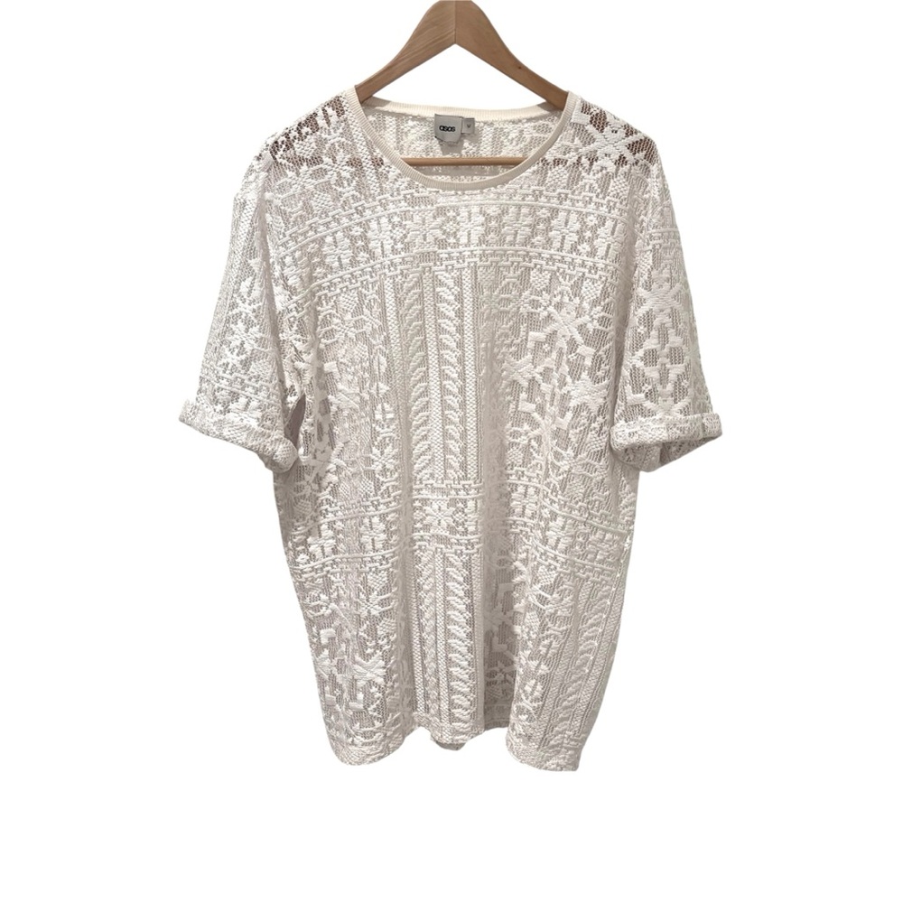 Sheer White Lace Crochet Knit Tee Shirt Short Sleeve Boxy M